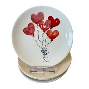 4pc Maxcera Valentine Appetizer Plates 6in Ceramic Red Heart Balloons XO New